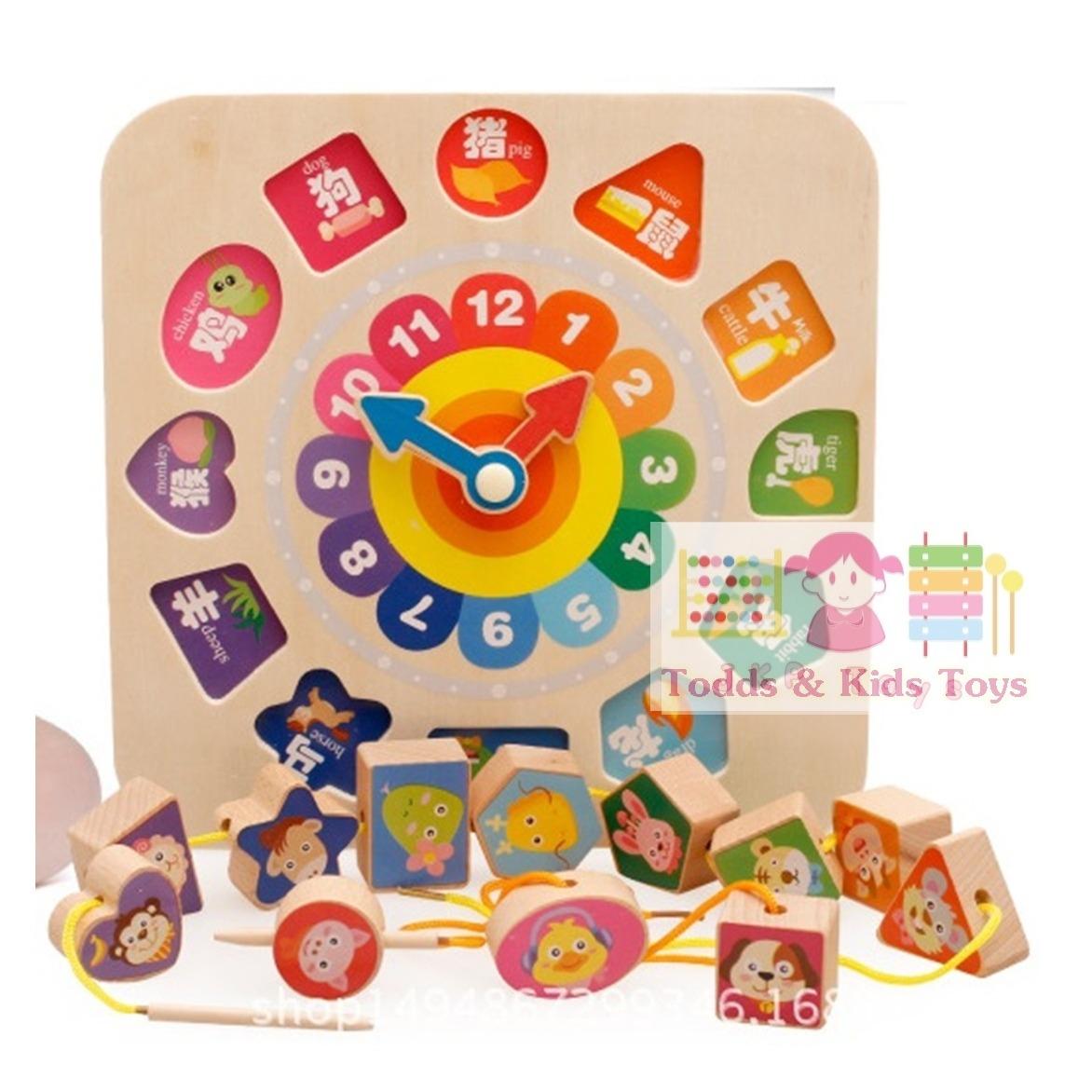 Todds & Kids Toys 3 in 1 ร้อยเชือก จับคู่บล็อค นาฬิกาสอนเวลาเเละกิจวัตรประจำวัน