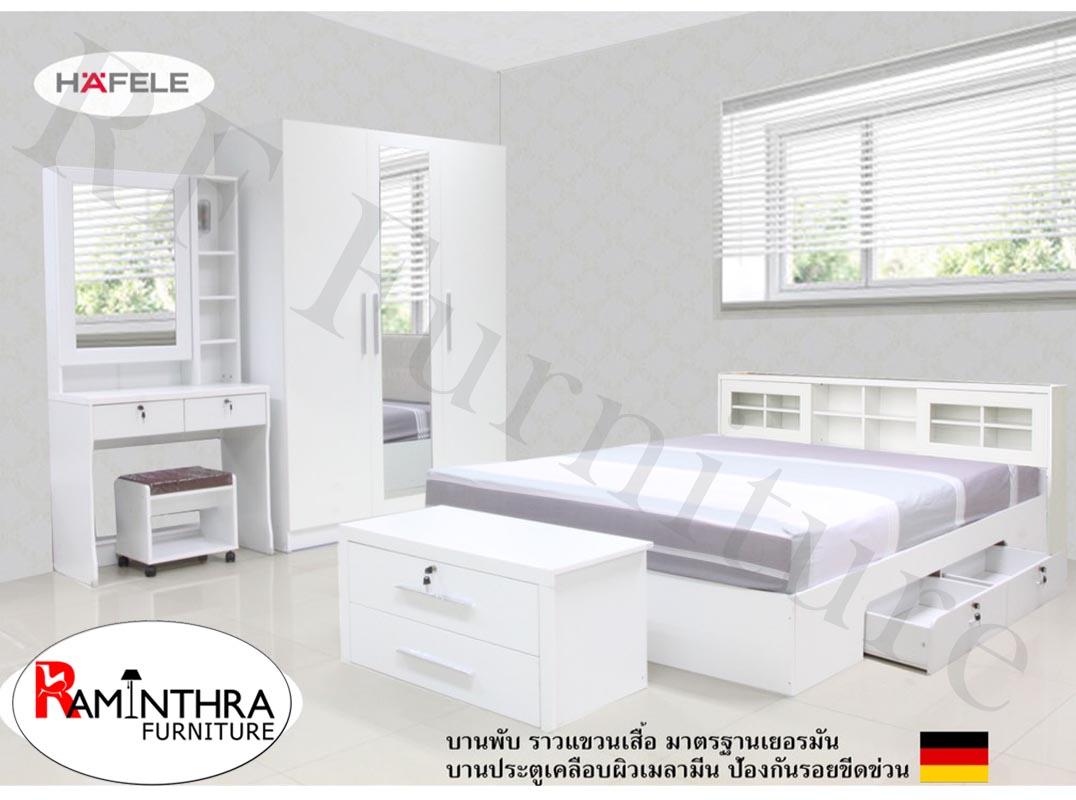 Raminthra Furniture ชุดห้องนอน DD รุ่น Milano Set หัวบานเลื่อน ขนาด 6 ฟุต เตียง 6 ฟุต + ตู้เสื้อผ้า 3 บาน + โต๊ะแป้ง 80 cm + ที่นอนสปริง ( สีขาว ) Bedroom Set ราคา 18,900 บาท*ส่งฟรี