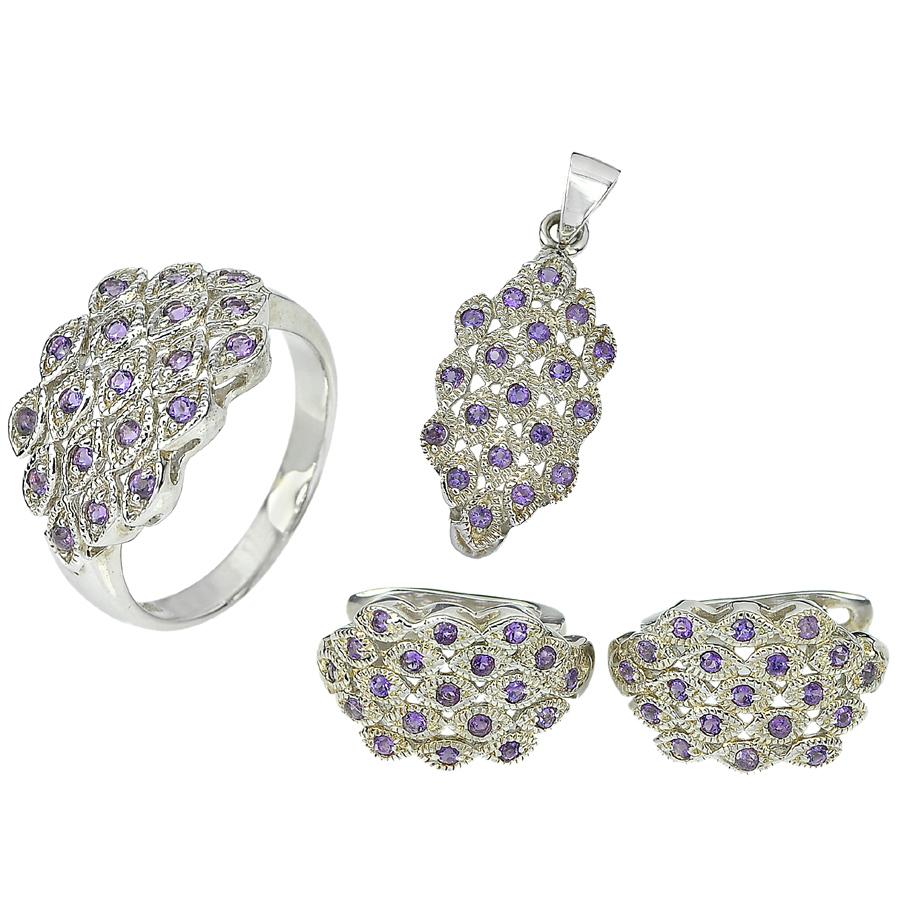 Parichat Jewelry ชุดเซ็ทเครื่องประดับเงินแท้ 92.5% แหวนขนาดไซส์ 8/57 ต่างหู และจี้ ประดับด้วยพลอยอเมทิสต์สีม่วงสวยงาม