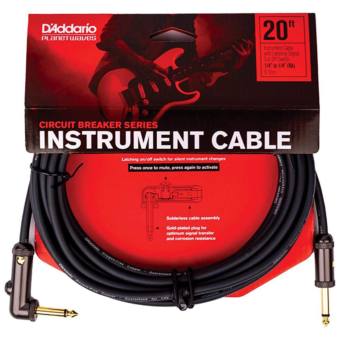 D'Addario® สายแจ็คกีตาร์ 6 เมตร แบบมีตัวตัดสัญญาณ หัวงอ อย่างดี รุ่น PW-AGLRA-20 (Circuit Breaker Instrument Cable with Latching Cut-Off Switch/Right Angle Plug) ราคา 1,200 บาท*ส่งฟรี