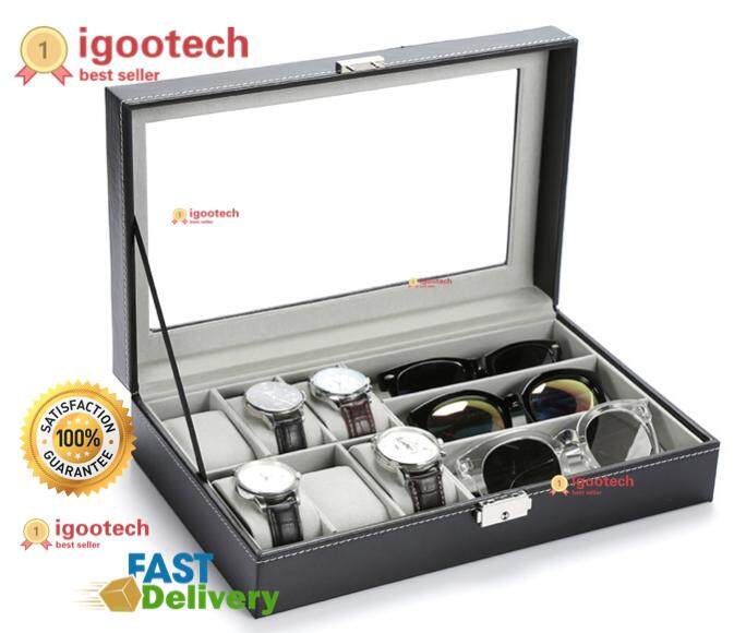 igootech Cassablu กล่องนาฬิกา 6 เรือน กล่องใส่แว่นตา 3 อัน หนังสีน้ำตาล ด้านในบุกำมะหยี่ ฝากระจก พร้อมตัวล็อค กล่องใส่นาฬิกา กล่องเก็บนาฬิกาข้อมือ กล่องใส่เครื่องประดับ