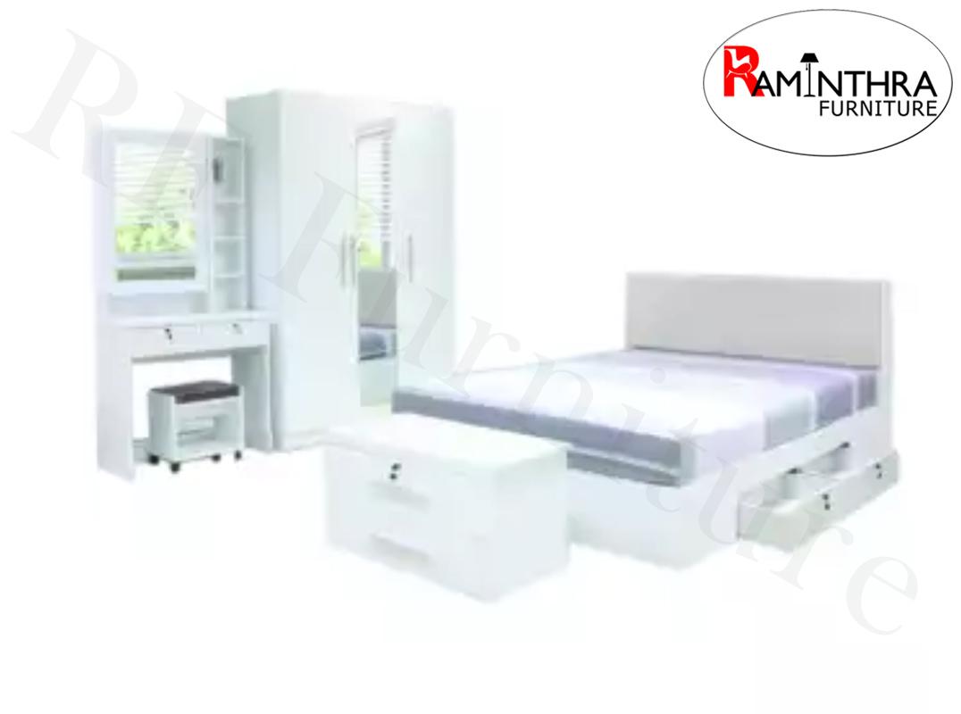 Raminthra Furnitureชุดห้องนอน DD รุ่น Milano Set หัวเบาะ ขนาด 6 ฟุต เตียง 6 ฟุต + ตู้เสื้อผ้า 3 บาน + โต๊ะแป้ง 80 cm +ที่นอนสปริง ( สีขาว ) Bedroom Set ราคา 18,900 บาท*ส่งฟรี
