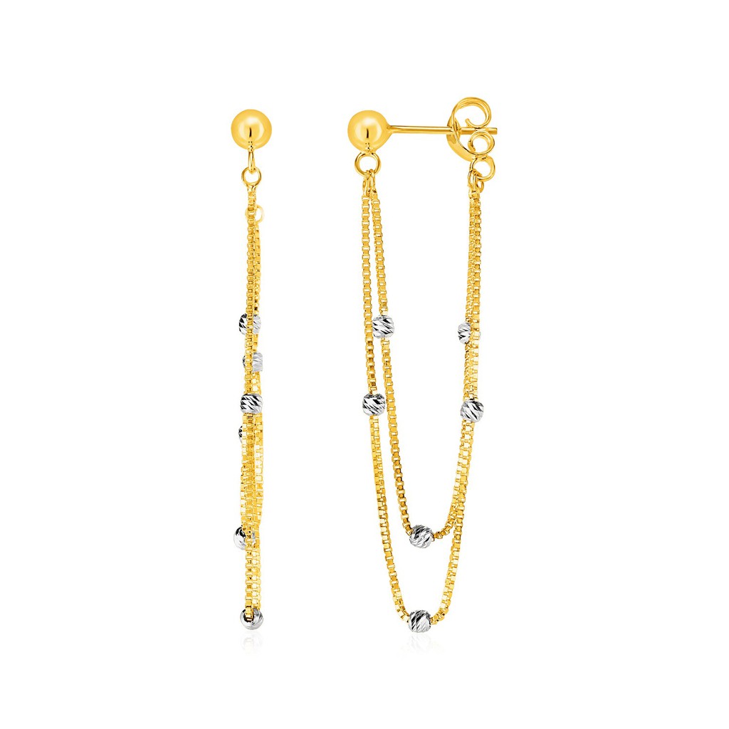 ต่างหูแบบห้อยโซ่ยาว พร้อมประดับลูกปัด ทองคำแท้ 14k สีเหลืองและสีขาว Earrings dangle long chain embellished Bead Accents 14k Yellow and White Gold