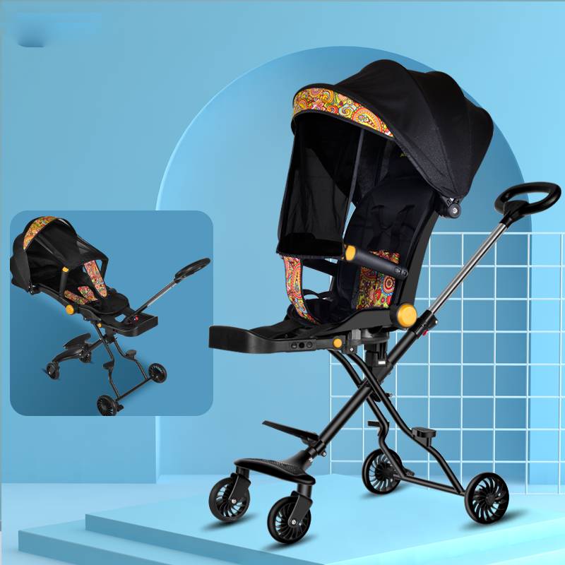 4-Wheeled Baby Stroller, Can Be Pushed Forward and Backward, Foldable, Comes with a Soft Cushion, Wheels Have Brakes, Easy to Carry, Reclines to 170 Degrees.