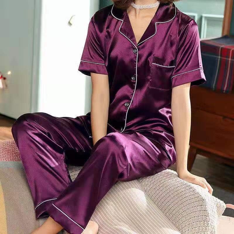 XY-FASHIONชุดนอนแฟชั่นเกาหลี，สีล้วน ผู้หญิง ผ้าซาติน [1813#เสื้อแขนสั้น+กางเกงขายาว]