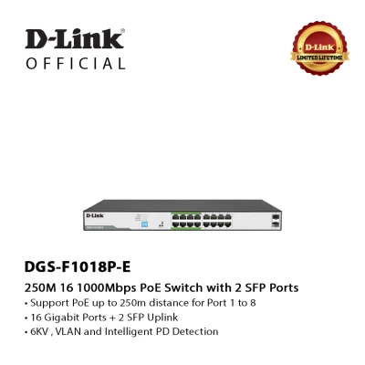 D-Link DGS-F1018P-E 250M 16-Ports Gigabit PoE Switch with 2 SFP Ports
