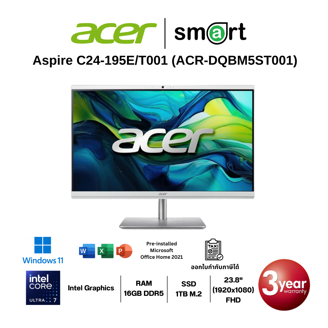 โน๊ตบุ๊ค Notebook Acer Aspire C24-195E/T001 Core Ultra7-155U/16GB/1TB/23.8/Win11+Office