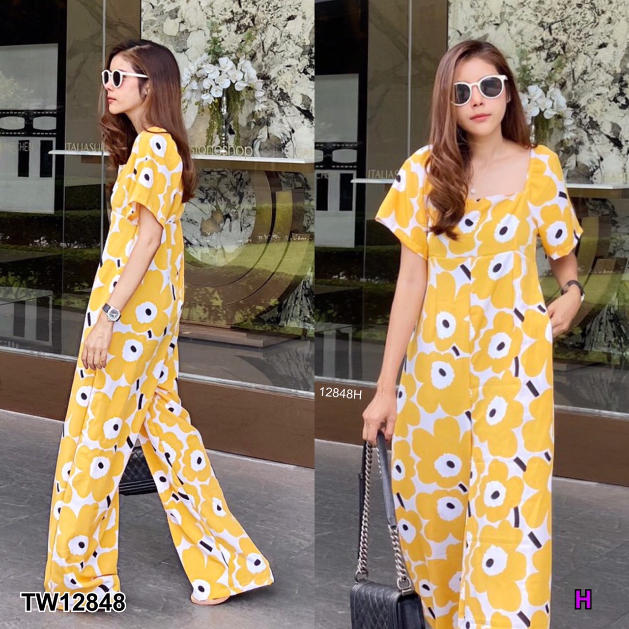 SS12848 Jumpsuit จั๊มสูทยาว คอเหลี่ยม ลายดอก