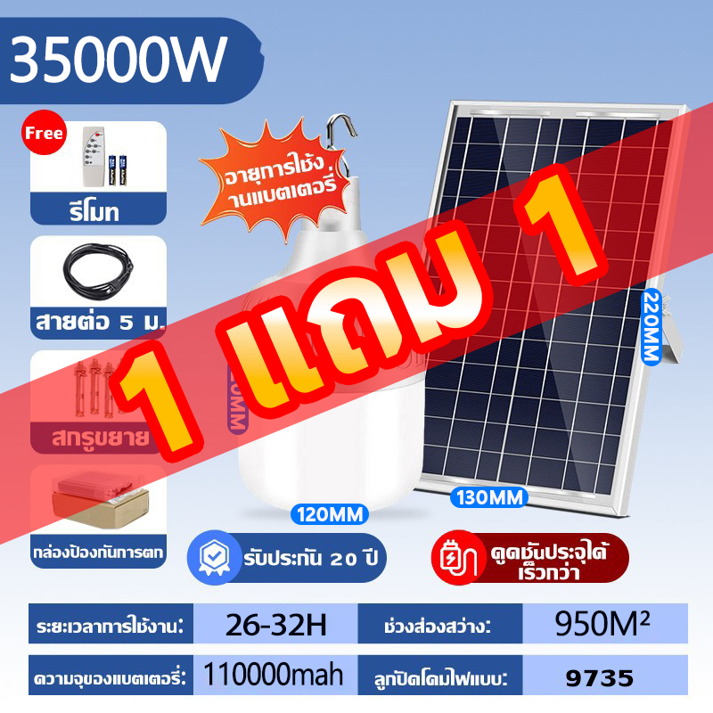 ☀️แท้100% ไฟโซล่าเซลล์ 1000W หลอดไฟโซล่าเซล ไฟตุ้มโซล่าเซล ไฟตุ้มโซล่าเซลล์ ไฟแคมป์ปิ้ง หลอดโซล่าเซลล์ หลอดไฟแบบพกพา แผงโซล่าเซลล์และหลอดไฟ solar Bulb หลอดไฟ LED กันน้ำ IP67 ป้องกันฟ้าผ่า กันฝุ่น รับประกัน 30 ปี