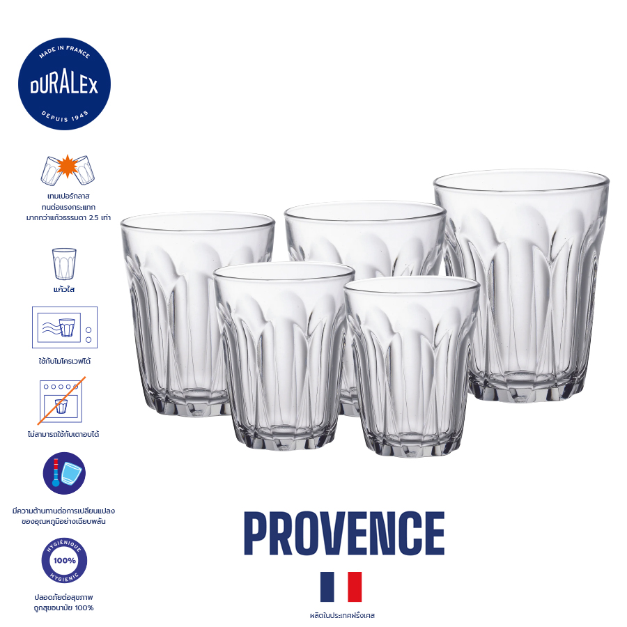 Duralex Provence แก้วน้ำ แก้วกาแฟ แก้วชา แก้วน้ำสั้น แก้วน้ำสูง เทมเปอร์กลาส tempered glass ราคา 79 บาท*ส่งฟรี