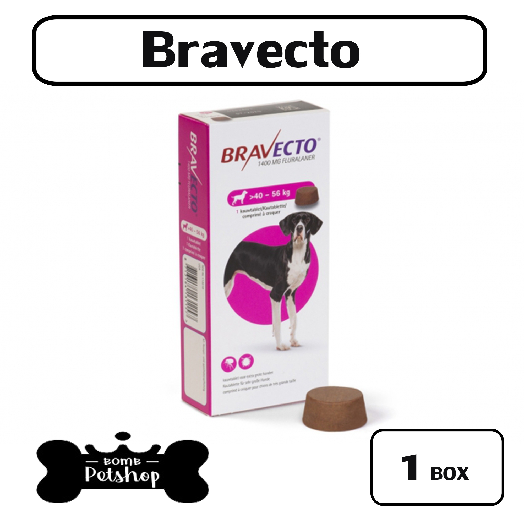 Bravecto สุนัข  tick flea ยากินป้องกัน เห็บ หมัด สุนัขน้ำหนัก  40-56 kg x 1 กล่อง