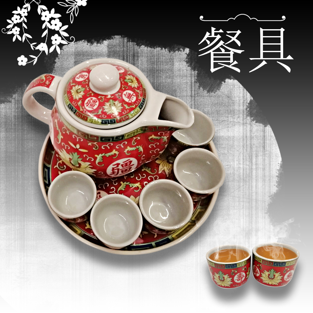 E01 ชุดชา ชุดกาชา พร้อมแก้ว/จานรอง ลายจีน สีแดง ทรงอ้วน
