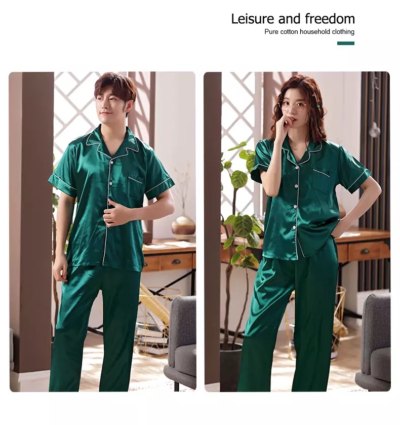 HB-shop-ชุดนอนคู่แฟชั่นคู่เกาหลี，สีล้วนผ้าซาติน 【คู่เสื้อแขนสั้น+กางเกงขายาว】