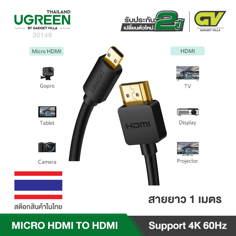 UGREEN Micro HDMI to HDMI Cable 30148 ยาว 1M ,30102 ยาว 1.5M ,30103 ยาว  2M ,30104 ยาว 3M สายแปลงภาพ Micro HDMI เป็น HDMI สามารถต่ออุปกรณ์มือถือ, กล้องถ่ายรูป ฯลฯ แสดงผลสัญญาณภาพไปยังจอภาพ, TV, GoPro HERO6/ HERO5/ HERO4 อุปกรณ์ที่มี Micro HDMI