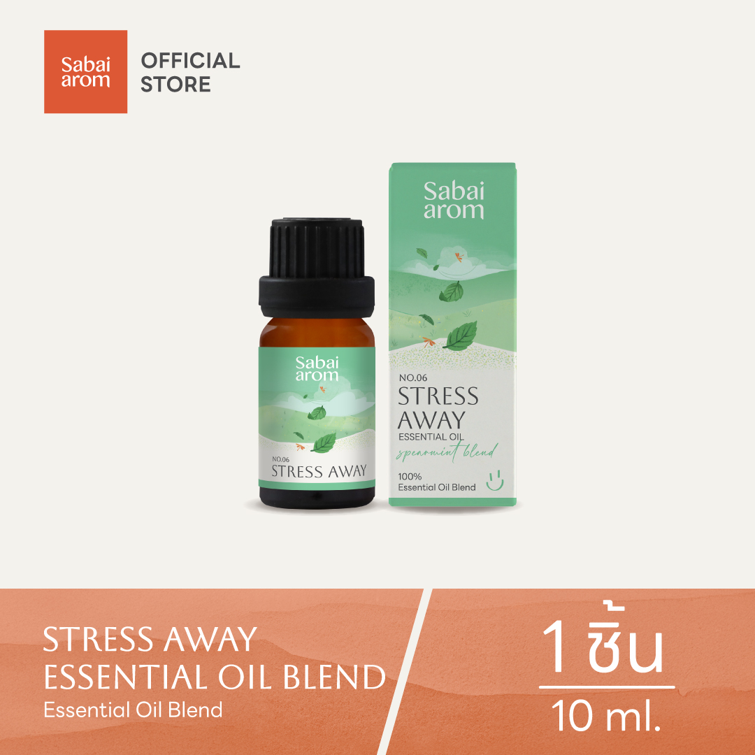 Sabaiarom No.6 Stress Away Essential Oil 10ml. Essential Oil Blend Relieves Stress, Has a Sweet, Fresh Scent, Can Be Used Anywhere, Anytime, and Can Be Used with Aroma Diffusers to Soothe the Mood. ราคา 349 บาท*ส่งฟรี