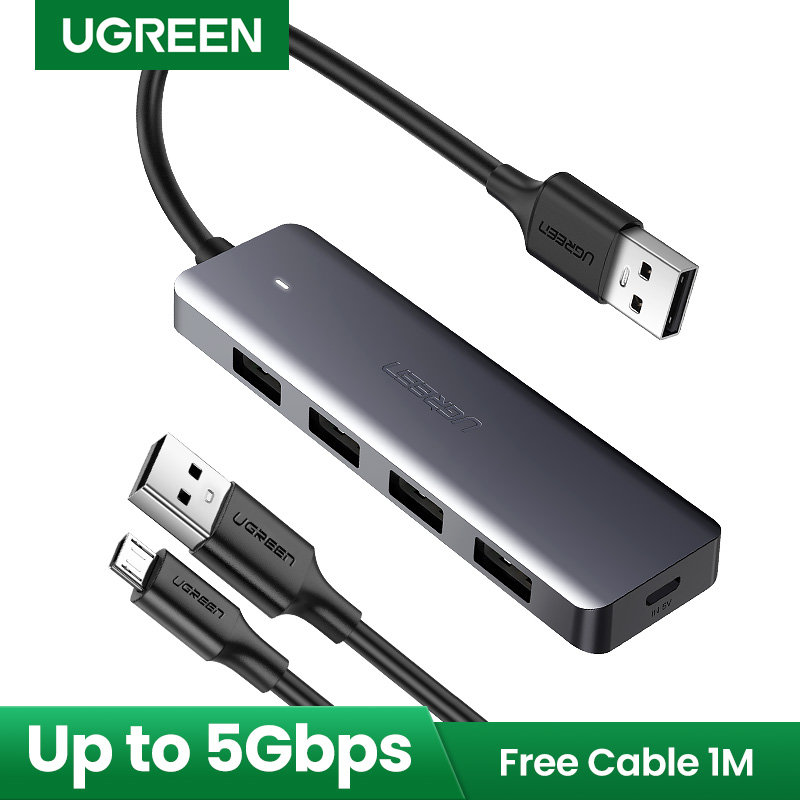 [Free 1m Charging Cable] UGREEN 4-Port USB 3.0 Hub, Ultra Slim High-Speed USB Splitter Portable Extension Data Hub Compatible for MacBook, Mac Pro/mini, Surface Pro, XPS, PS4, Xbox One, Flash Drive, HDD and More, Grey/16CM