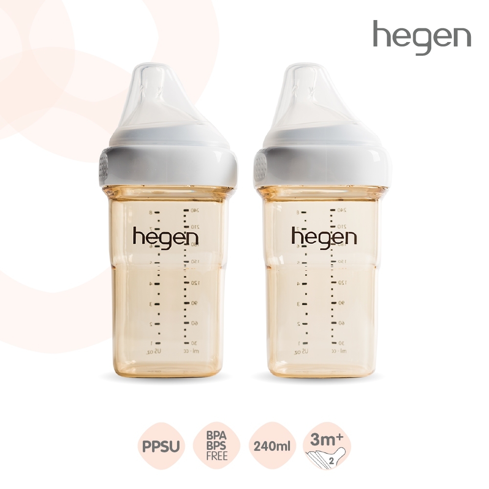 Hegen PCTO™ ขวดนม ขวดนมทรงเหลี่ยมPPSU ขวดนมสีชา ขวดนมPPSU ขนาด 8oz/240ml - จุกนมเสมือนนมแม่ เบอร์ 2 Medium Flow 3-6 เดือน แพ็ค 2 ชิ้น - Feeding Bottle