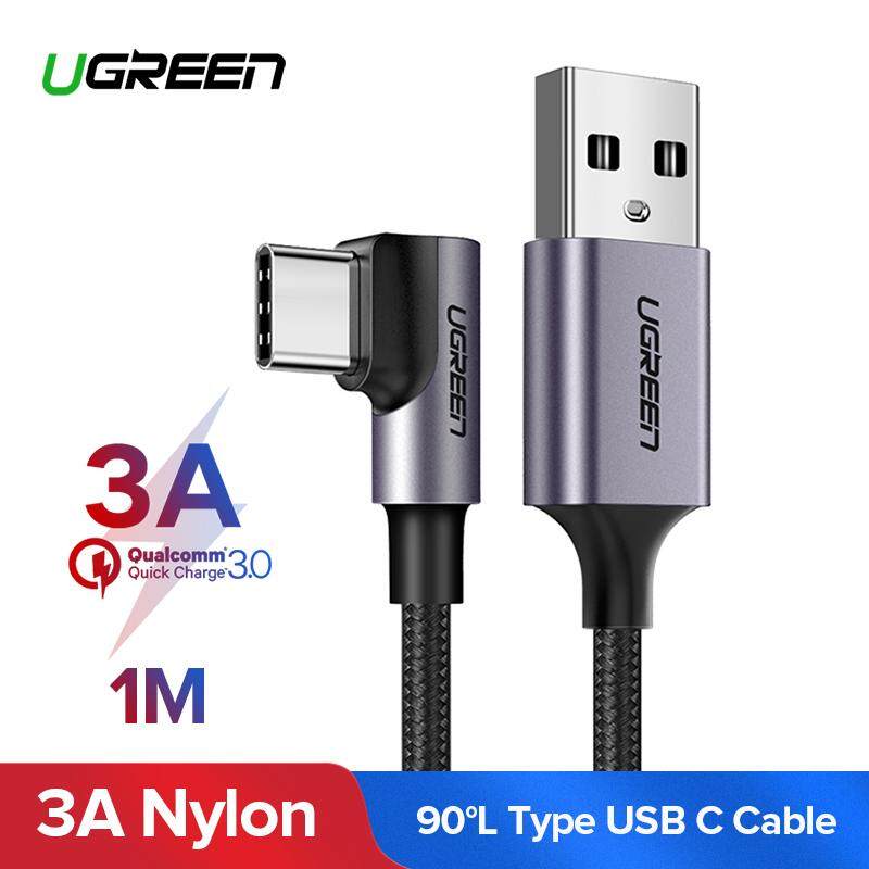 UGREEN 3A USB C Fast Charging Cable 90 Degree QC3.0 Nylon สายชาร์จ USB ชนิด C สาย ขนาด 1 เมตร สาย TYPE C สำหรับ Huawei p20, Huawei Mate 20, Honor play, Mate 10/Mate 10 Pro, Xiaomi A1/A2/A3/Mi 6/ Mi 8/Pocophone F1/Huawei Nova 3/P9/Samsung Note 9/S8