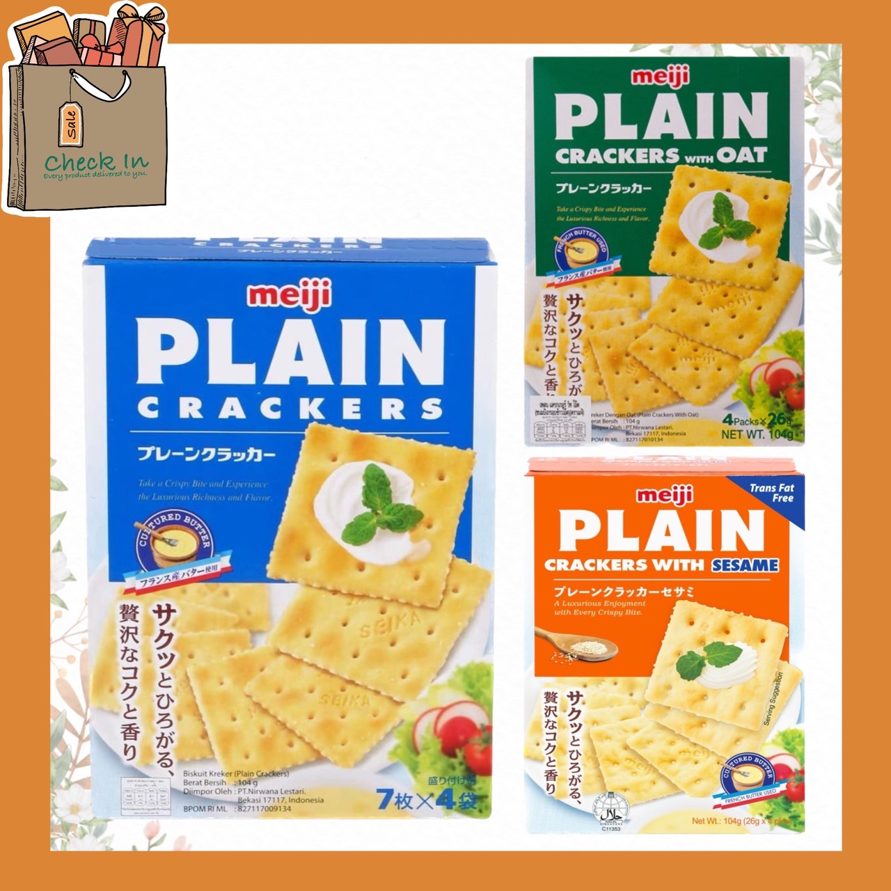 Meiji plain crackers แครกเกอร์กรอบ เมจิเพลน 3 รสชาติ (ดั้งเดิม/ผสมข้าวโอ๊ต/ผสมสาหร่าย) Meiji Plain cracker 104 กรัม ราคา 59 บาท*ส่งฟรี