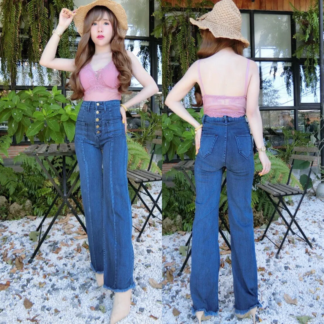 iFashion 046 [S-5XL] กางเกงยีนส์ผู้หญิงแฟชั่น เอวสูง  สกินนี่ ยีนส์ยืด ขากว้าง ขาบาน รุ่ย xxl กางเกงผู้หญิง