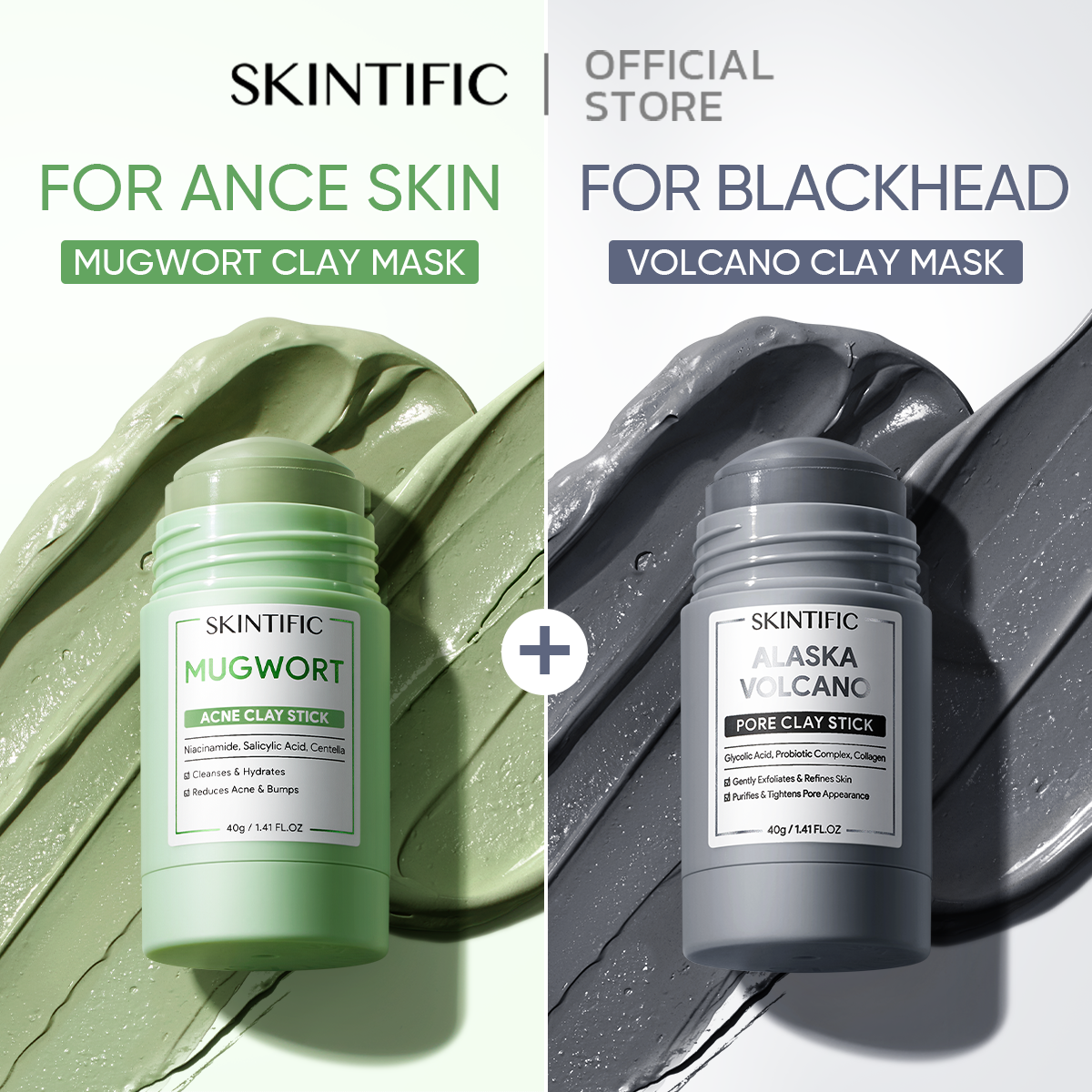 SKINTIFIC Clay Mask Mugwort สิวเคลย์มาส์กสติ๊ก 40g + อลาสก้า โวลคาโน ดีพ พอร์ คลีนซิ่ง มาส์กโคลน ...