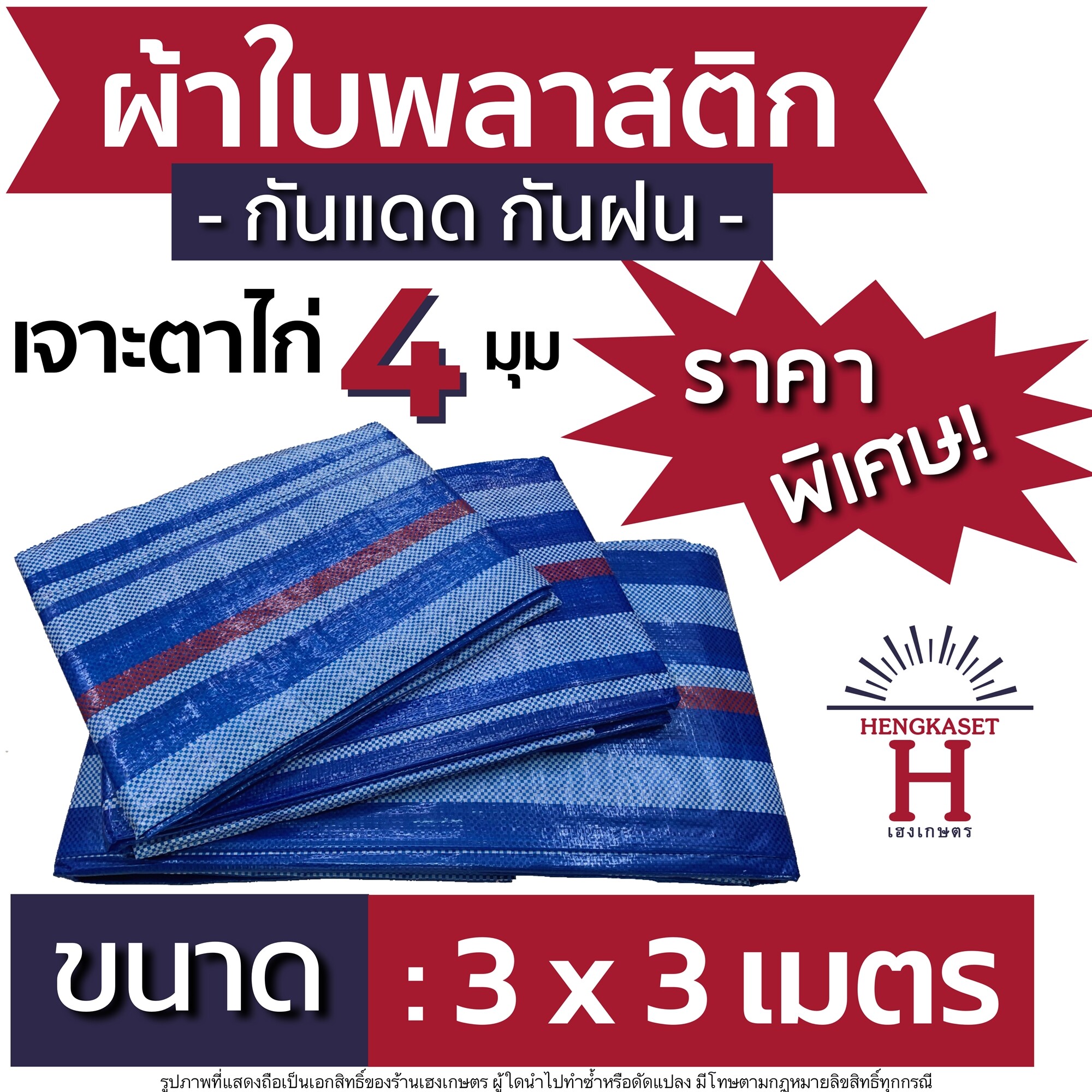 ผ้าใบกันฝน กันแดด ผ้าฟาง ผ้าใบพลาสติก (3x3ม.) บลูชีทฟ้าขาว ผ้าเต้นท์ กันน้ำ คลุมของ ผ้าใบปูพื้น ผ้าใบคุลมเต้นท์ บลูชีท ผ้าใบคลุมรถ Blue Sheet