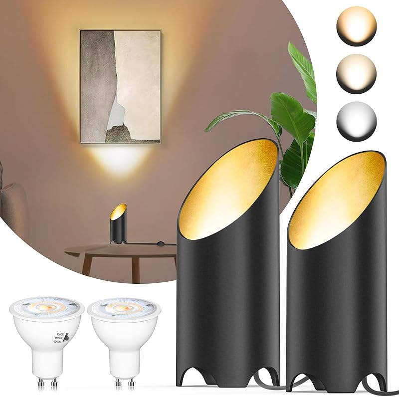 2 Pack Uplighting Spotlights with GU10 Bulbs - Adjustable 3000K/4000K/6000K Indoor Floor Can Lights with 5.9 FT Cord & Foot Switch Black