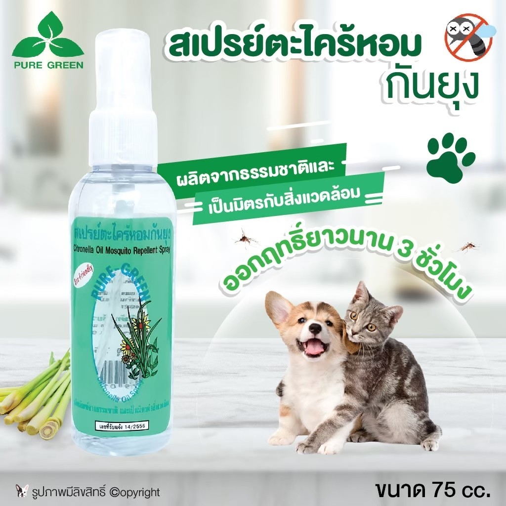 สเปรย์ตะไคร้หอม สเปรย์กันยุง Pure Green ผลิตจากธรรมชาติและเป็นมิตรกับสิ่งแวดล้อม ออกฤทธิ์ยาวนาน 3 ชั่วโมง ขนาด 75cc. โดย yespetshop