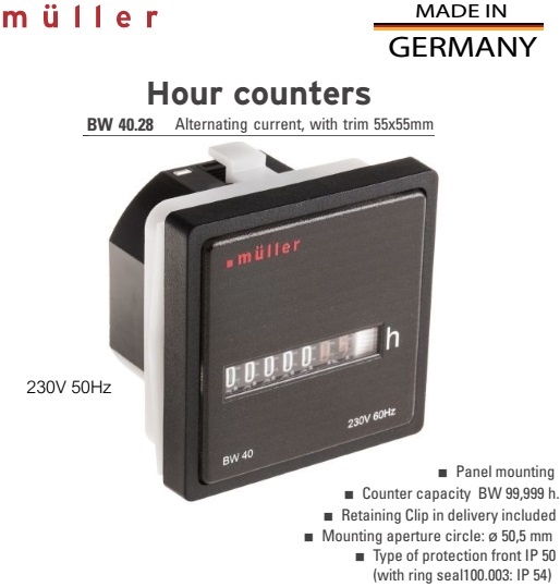 Hour Counter 230VAC 50Hz / Time Counter สำหรับนับชั่วโมงการทำงาน - Muller (Made in Germany)