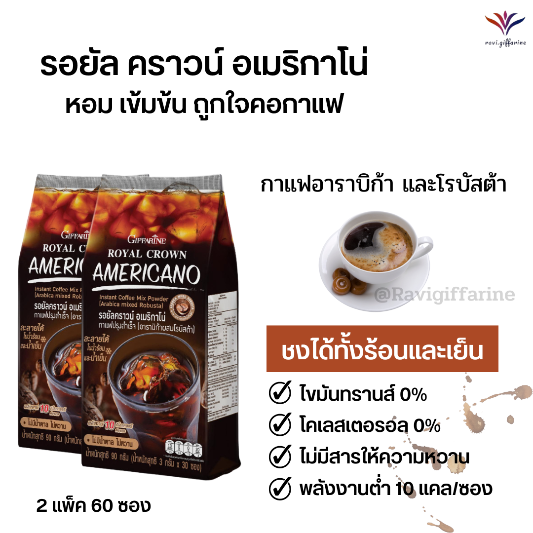 กาแฟดำแท้ กาแฟดำกิฟฟารีน กาแฟอาราบิก้าผสมโรบัสต้า เข้มข้น หอมอร่อย ไม่มีน้ำตาล ไม่มีไขมัน รอยัลคราวน์ ROYAL CORWN AMERICANO Giffarine ของมันต้องมี ราคา 399 บาท*ส่งฟรี