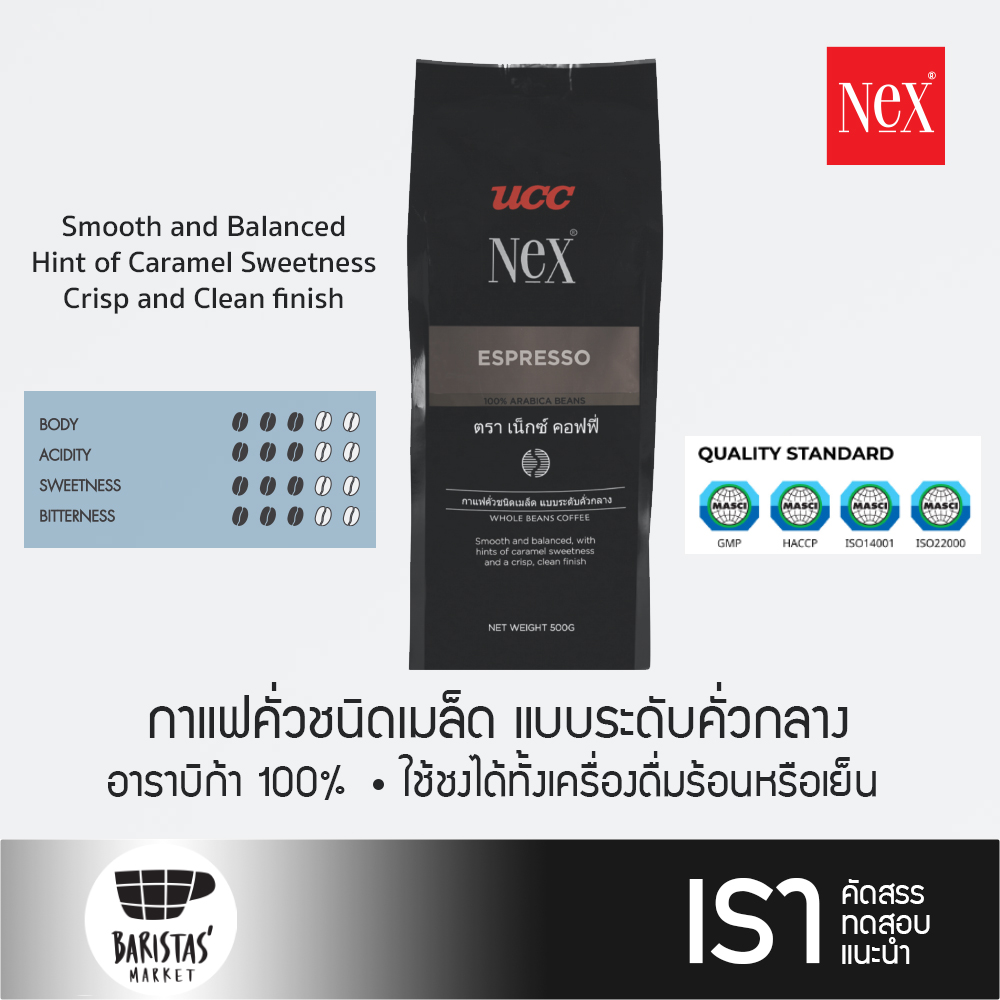 UCC Nex Coffee - Espresso 500 g. กาแฟอาราบิก้าคั่วชนิดเมล็ด ระดับคั่วกลาง ราคา 400 บาท*ส่งฟรี
