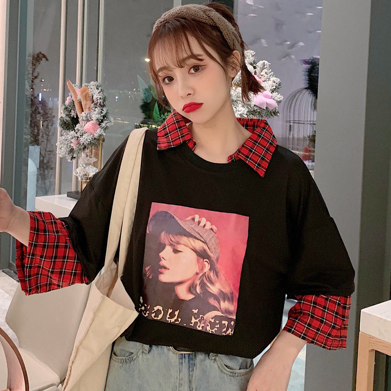 LH.Moonlight เสื้อยืดแฟชั่นแขนต่อสองชั้นสไตล์เกาหลี ผ้านิ่มใส่สบาย