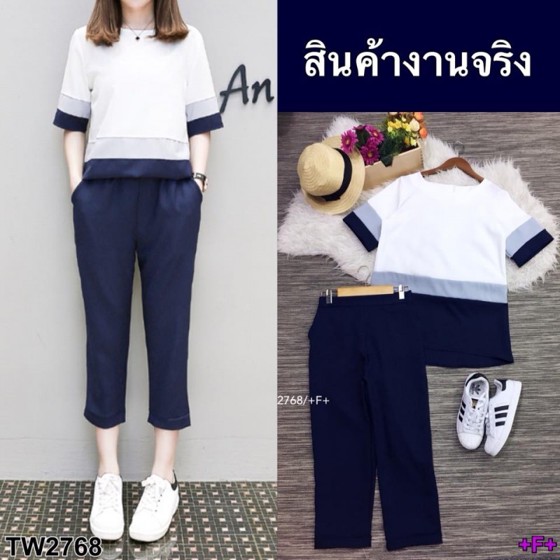 GN2768   **รบกวนสอบถามก่อนสั่งซื้อจ้า**  เซท 2 ชิ้นเสื้อคอกลม แขนศอก ตัดต่อผ้าโฟร์เวย์3 สี