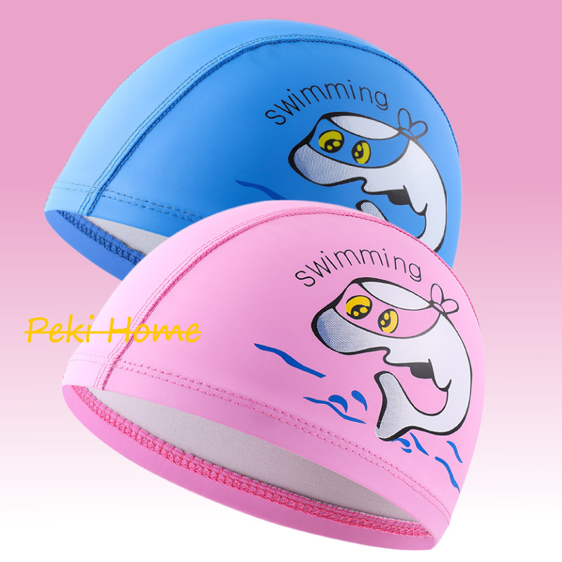 หมวกว่ายน้ำเด็กลายการ์ตูนน่ารัก Dolphin หมวกว่ายน้ำ หมวกกันน้ำ ผ้าเคลือบPU ปกป้องหู
