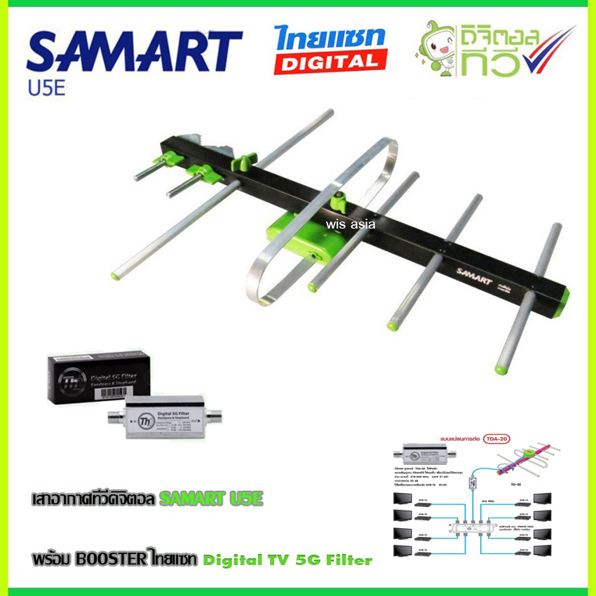 เสาอากาศทีวีดิจิตอล SAMART รุ่น U5E+BOOSTER ไทยแซท Digital TV 5G Filter