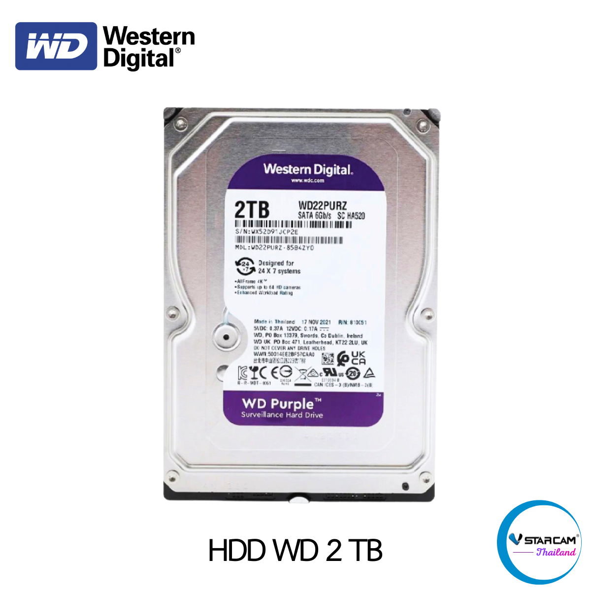 WD Purple 2TB 3.5" Harddisk for CCTV - WD20PURZ ( สีม่วง ) By.Vstarcam-Shop ราคา 2,990 บาท*ส่งฟรี