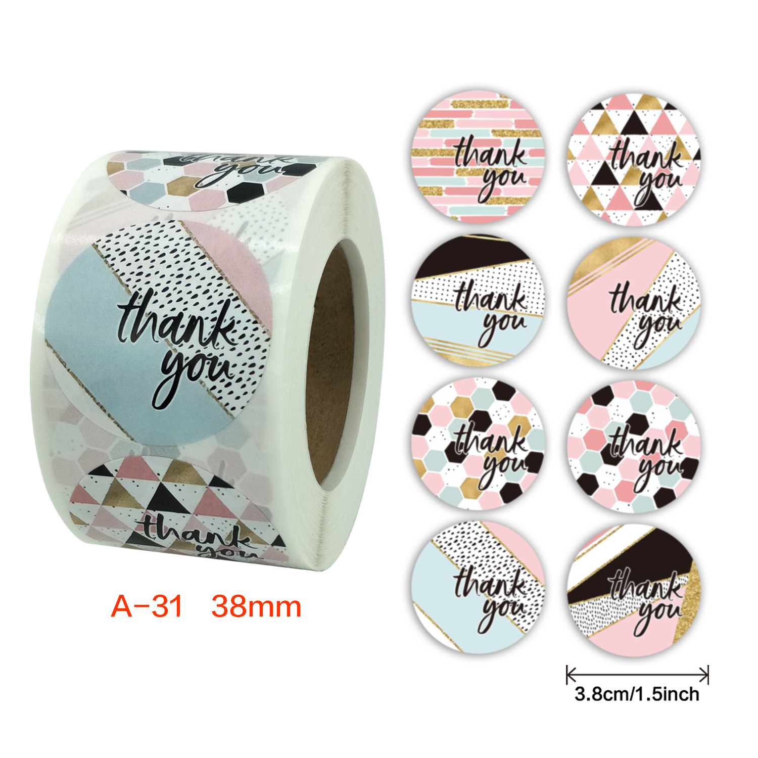สติ๊กเกอร์ขอบคุณ ไซส์ใหญ่ ขนาด 1.5 นิ้ว [ม้วนละ 500 ดวง] Thankyou Sticker