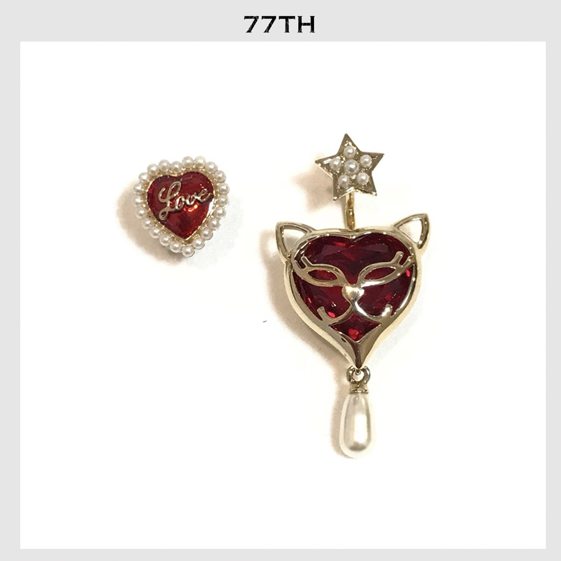 77th-Kitty Star Red Heart Enamel Earrings ต่างหูรูปแมวและหัวใจลงยาสีแดง