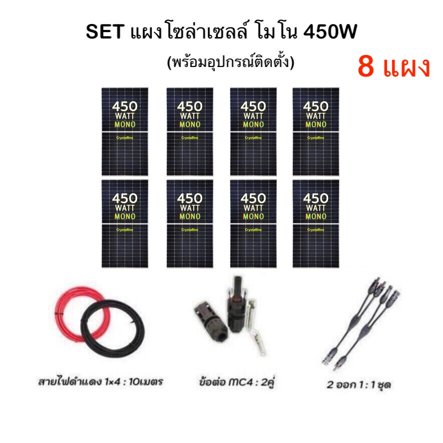 Set Solar Panel 450W Mono, Quantity 8 Panels, Complete with Equipment, Solar Wires, Solar Connectors, Genius Technology, Mono Solar Panel, Solar Cell, Panel Ready for Use, Solar, Solar Cell Panel 450W ราคา 24,370 บาท*ส่งฟรี