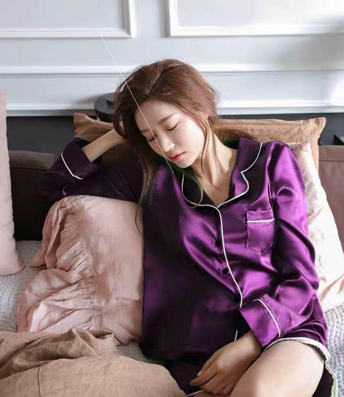 luckyBagshopชุดนอนแฟชั่นเกาหลี，ชุดนอนผ้าซาตินWomenเสื้อแขนยาว+กางเกงขาสั้น รุ่น1809