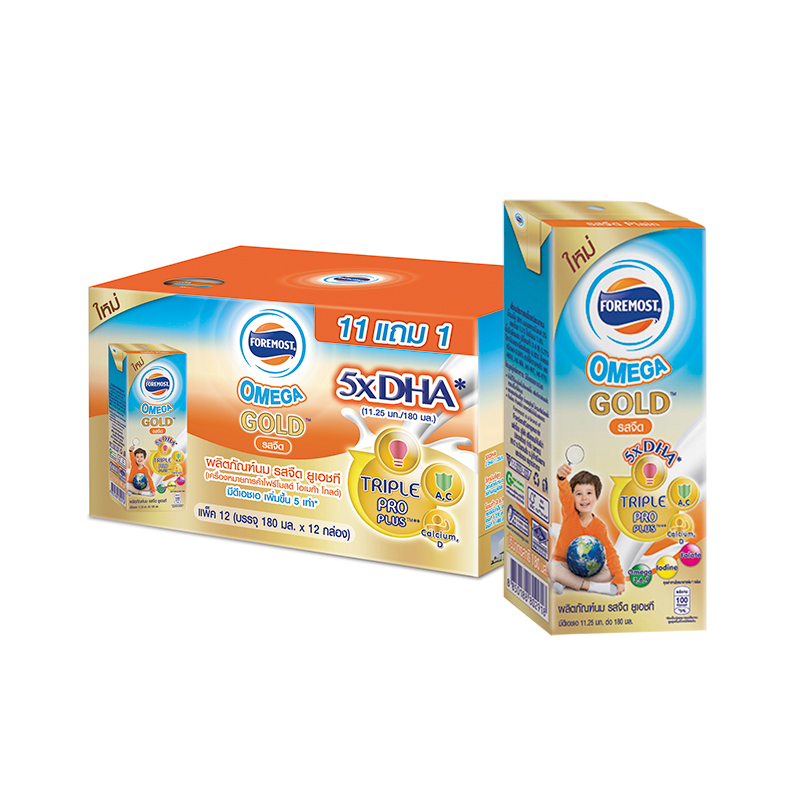 โฟร์โมสต์ โอเมก้า โกลด์ นมยูเอชที รสจืด 180 มล. x 12 กล่อง/Foremost Omega Gold Plain Flavor UHT Milk 180ml x 12pcs
