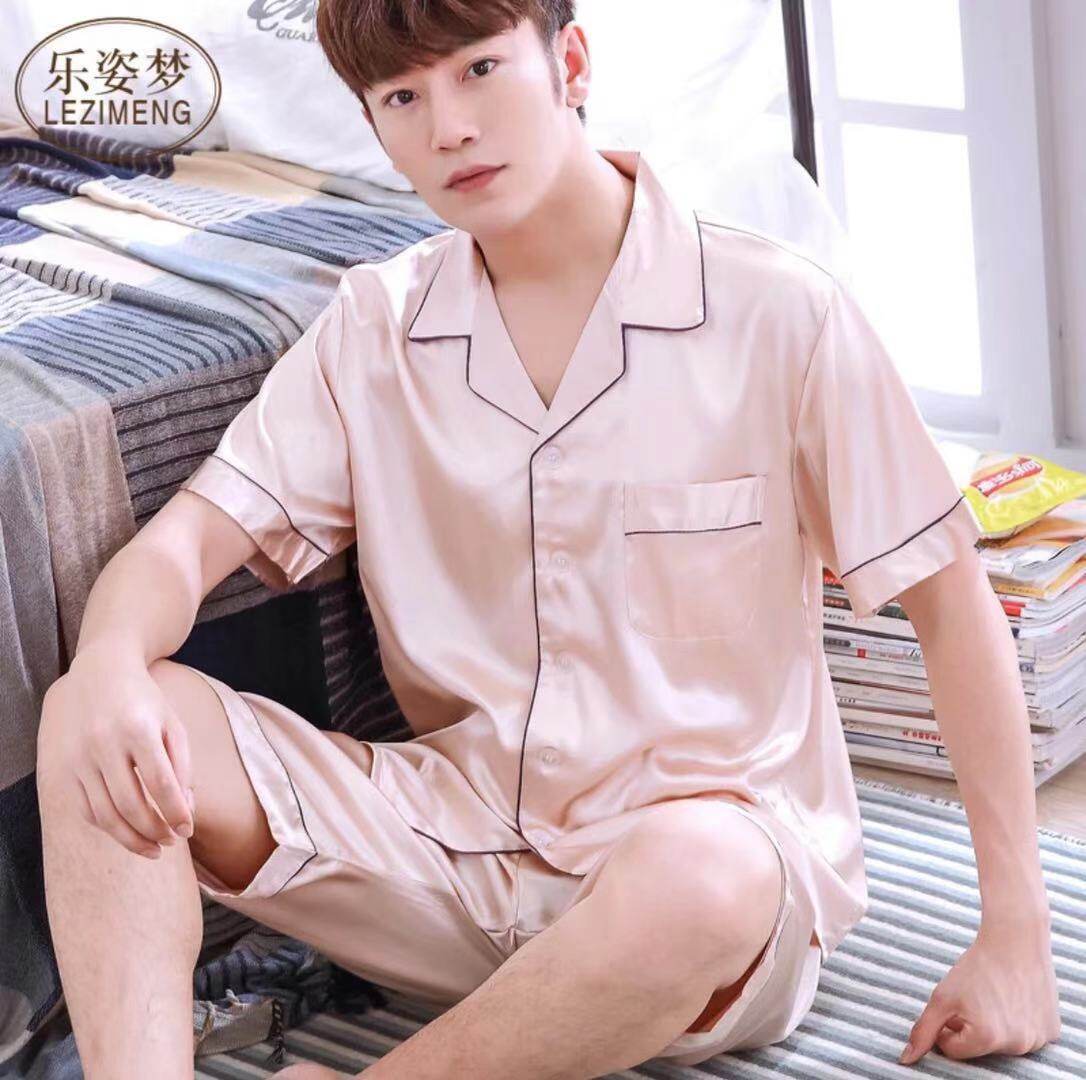 3333-1 ชุดนอนผู้ชายแขนสั้นขาสั้นน่ารักๆผ้าซาตินนิ่มใส่สบาย สีสวยสด สไตล์เกาหลี (สินค้าพร้อมส่ง)