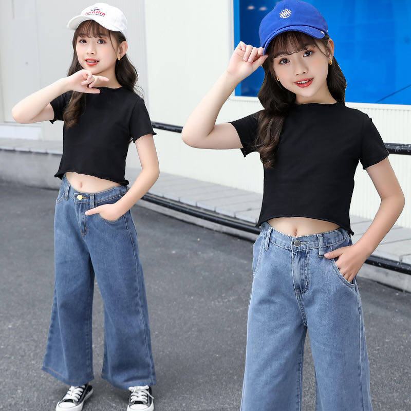 ชุดเด็กผู้หญิง แฟชั่นเกาหลี 2ชิ้น เสื้อเอวลอย+กางเกงยีนส์เอวสูงขาบา4-15ปี