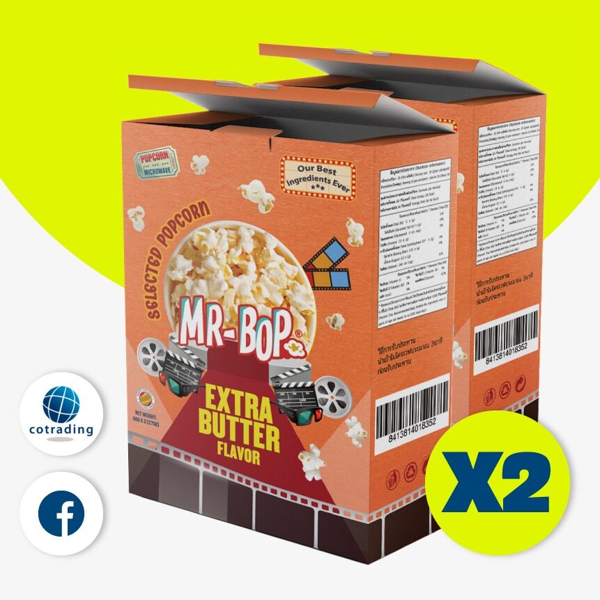 ป็อปคอร์นโรงหนัง Mr-Bop Microwave popcorn Extra butter ไมโครเวฟ ป๊อบคอร์น รสเนยเข้มข้น 90x3g Non GMO, No trans fat pack x2