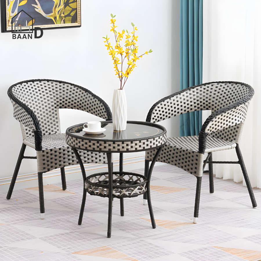 BaanD Outdoor Furniture Garden Patio Seating Chair and Table Set (2 Chair 1 Table) Outdoor Balcony Garden Coffee Table Set Black & White / Light Orange ราคา 1,049 บาท*ส่งฟรี