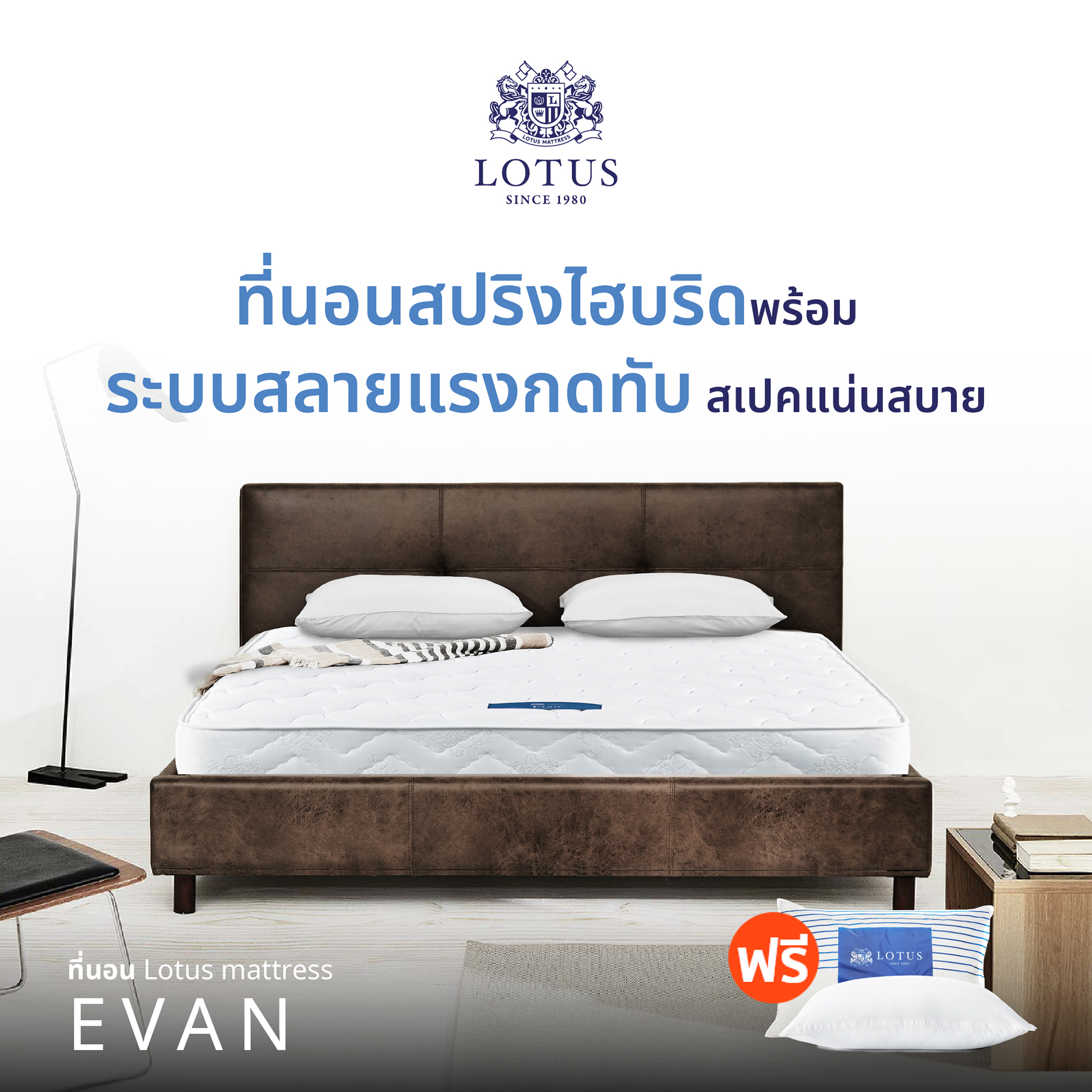 LOTUS ที่นอน (สเปคแน่นสบาย) รุ่น Evan หนา 8.5 นิ้ว ฟรีหมอนหนุนสุขภาพกันไรฝุ่น ส่งฟรี ราคา 3,690 บาท*ส่งฟรี