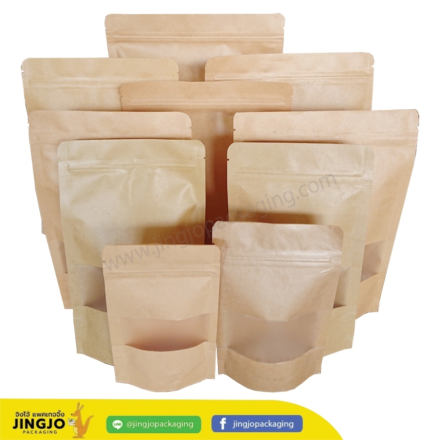 ถุงคราฟท์ หน้าต่างขุ่น ซิปล็อค ตั้งได้ (ผิวเคลือบ กันน้ำ) Brown Kraft With Window Ziplock Bag Stand ( 50 ชิ้น / Pack ) - Jingjo Packaging