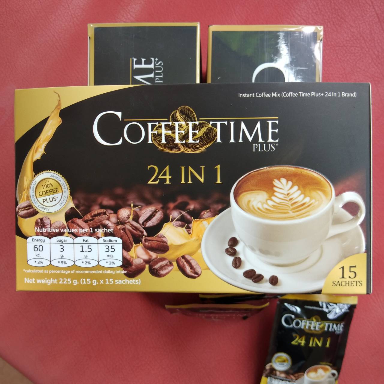 Coffee Time Plus+ 24 in 1 (3 กล่อง แถม 3 ซอง) กาแฟเพื่อสุขภาพปรุงสำเร็จ 24 ชนิด พรีเมียม หอมเข้มเต็มอารมณ์มอคค่า ของแท้จากบริษัท (บรรจุ 15 ซอง/กล่อง) ราคา 850 บาท*ส่งฟรี