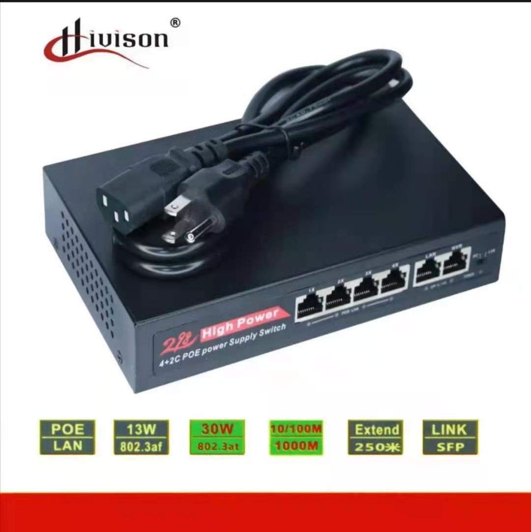 HIVISON POE SWITCH 4+2 : 4 PORT POE + 2 UPLINK 10/100 PoE Switch 4CH 4 ช่อง + 2 อัพลิงก์รุ่น S1 ระยะส่ง 250เมตร รองรับความเร็ว 10/100 Mbps พอร์ต Uplink 2ช่อง Poe Switch