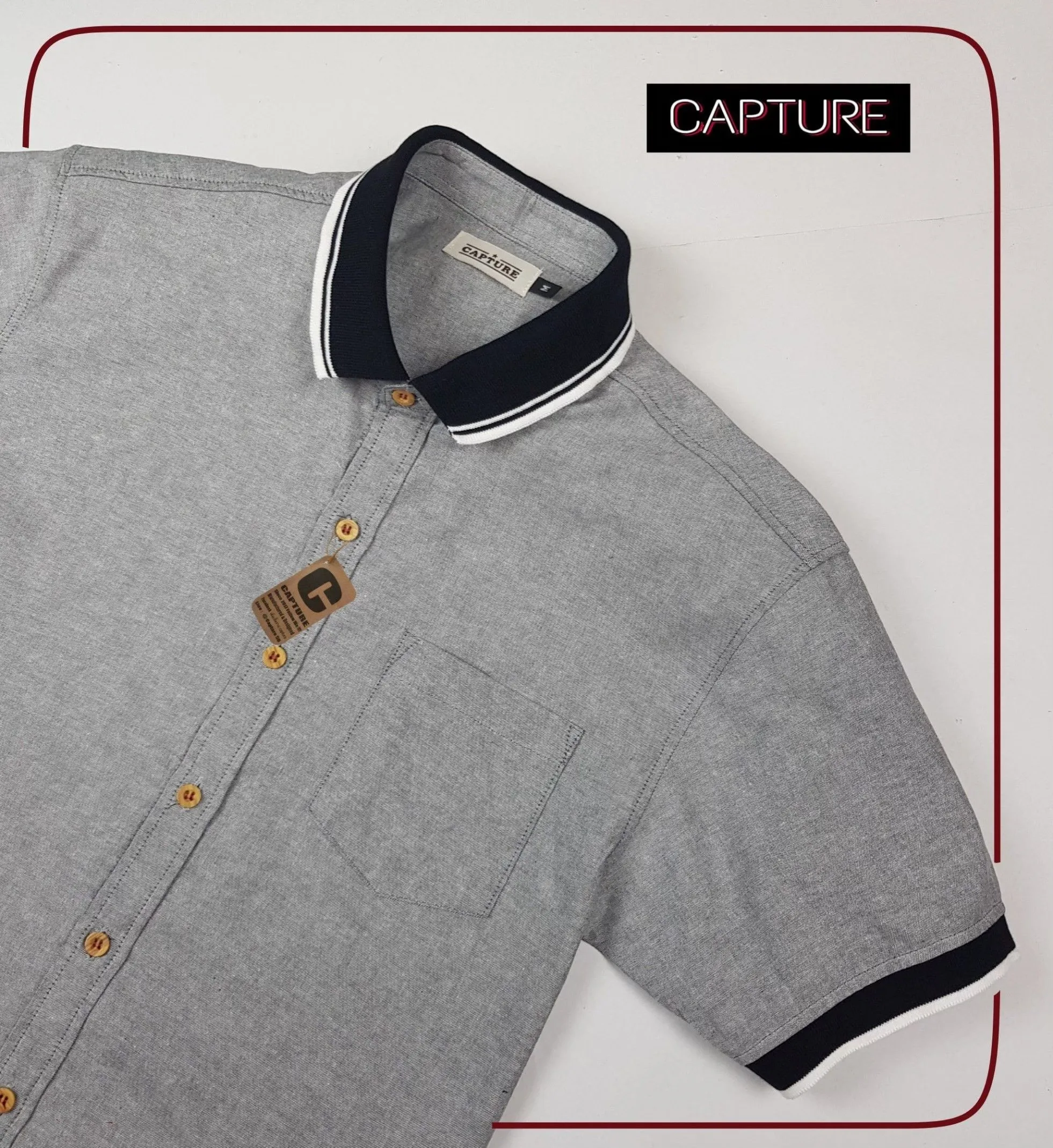 Capture Shirt เสื้อเชิ้ตผู้ชาย โปโลเชิ้ตแขนสั้น สีเทา มีถึงอก 48 นิ้ว